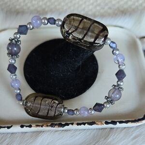 B-005- Beautiful Beaded Bracelet with Gray and Purple Accents